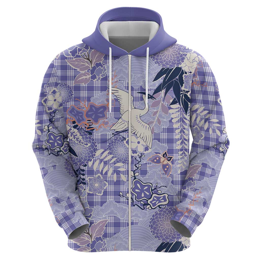 Purple Palaka Crane and Flowers Zip Hoodie Japan Heritage Spirit - Polynesian Pride
