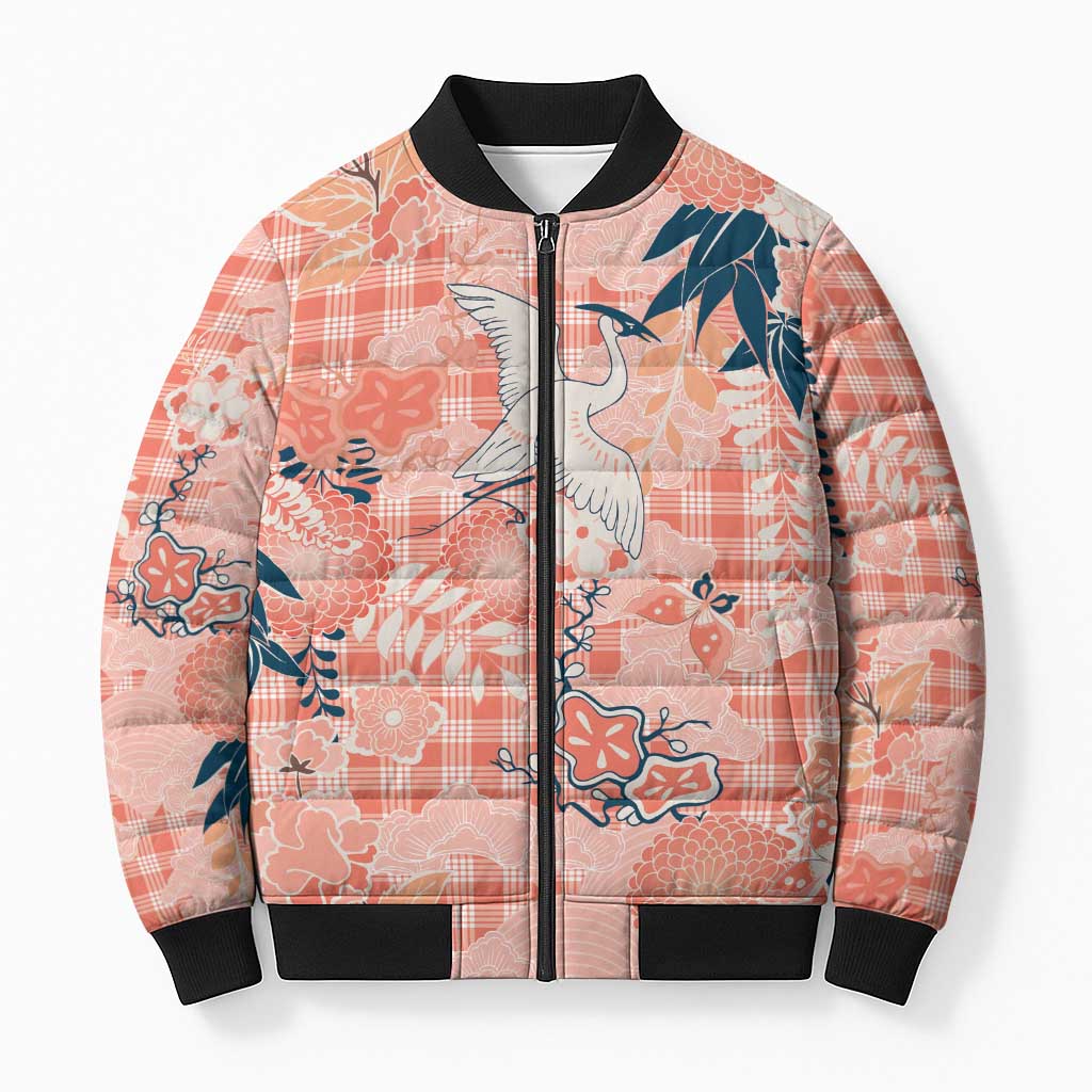 Red Palaka Crane and Flowers Bomber Puffer Jacket Japan Heritage Spirit LT9 Unisex Red - Polynesian Pride