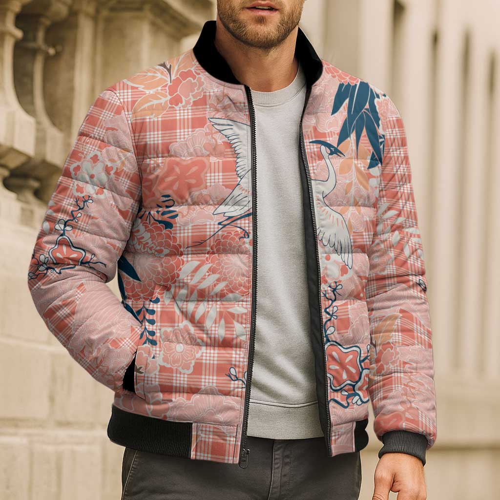 Red Palaka Crane and Flowers Bomber Puffer Jacket Japan Heritage Spirit LT9 - Polynesian Pride