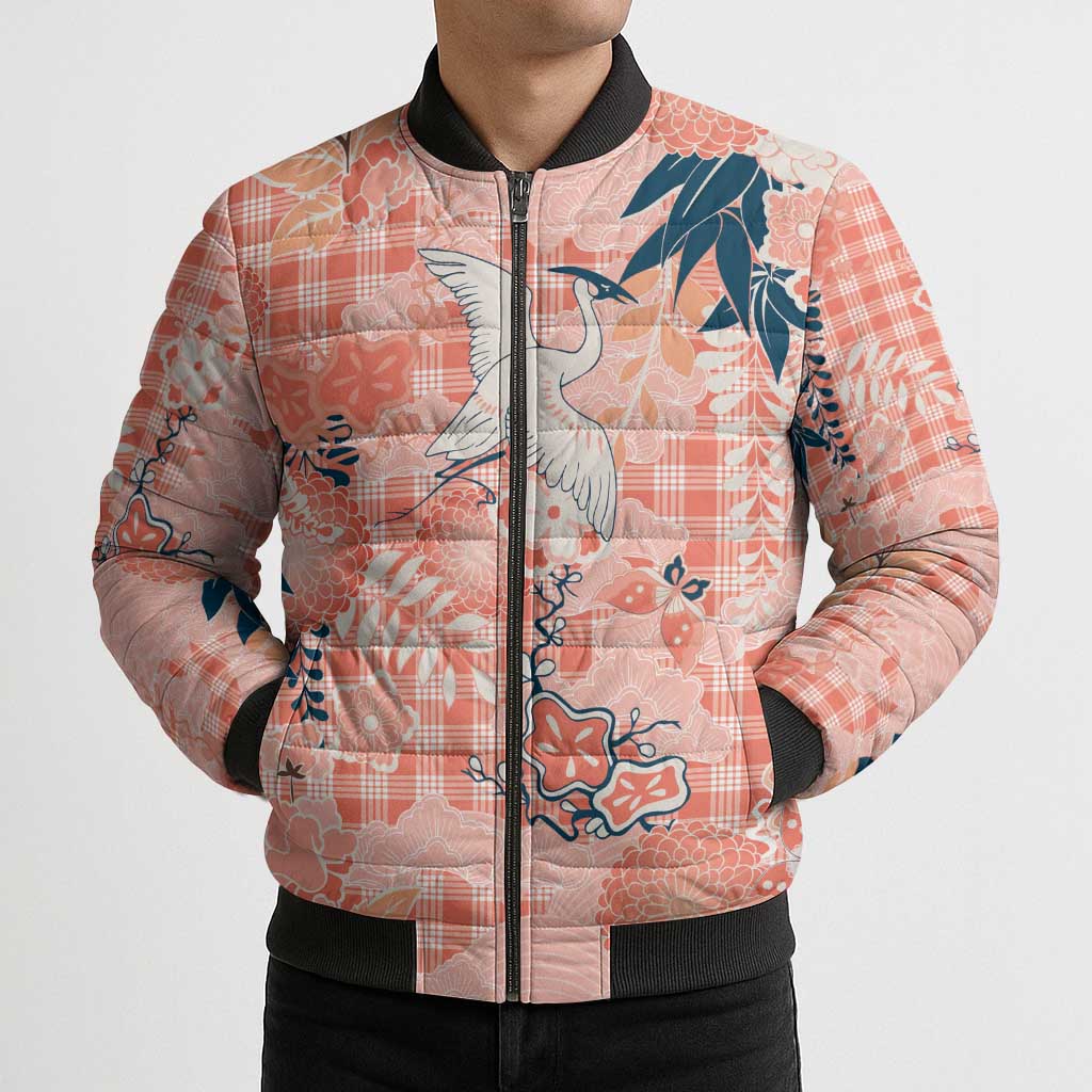 Red Palaka Crane and Flowers Bomber Puffer Jacket Japan Heritage Spirit LT9 - Polynesian Pride