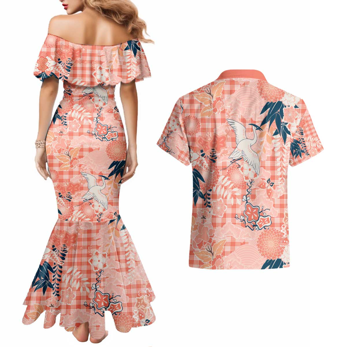 Red Palaka Crane and Flowers Couples Matching Mermaid Dress and Hawaiian Shirt Japan Heritage Spirit - Polynesian Pride