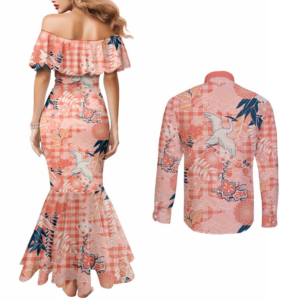 Red Palaka Crane and Flowers Couples Matching Mermaid Dress and Long Sleeve Button Shirt Japan Heritage Spirit - Polynesian Pride