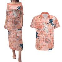 Red Palaka Crane and Flowers Couples Matching Puletasi and Hawaiian Shirt Japan Heritage Spirit - Polynesian Pride