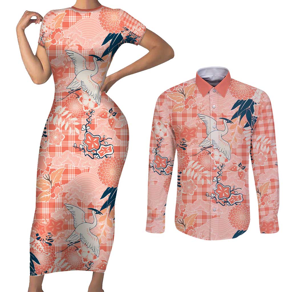 Red Palaka Crane and Flowers Couples Matching Short Sleeve Bodycon Dress and Long Sleeve Button Shirt Japan Heritage Spirit LT9 Red - Polynesian Pride