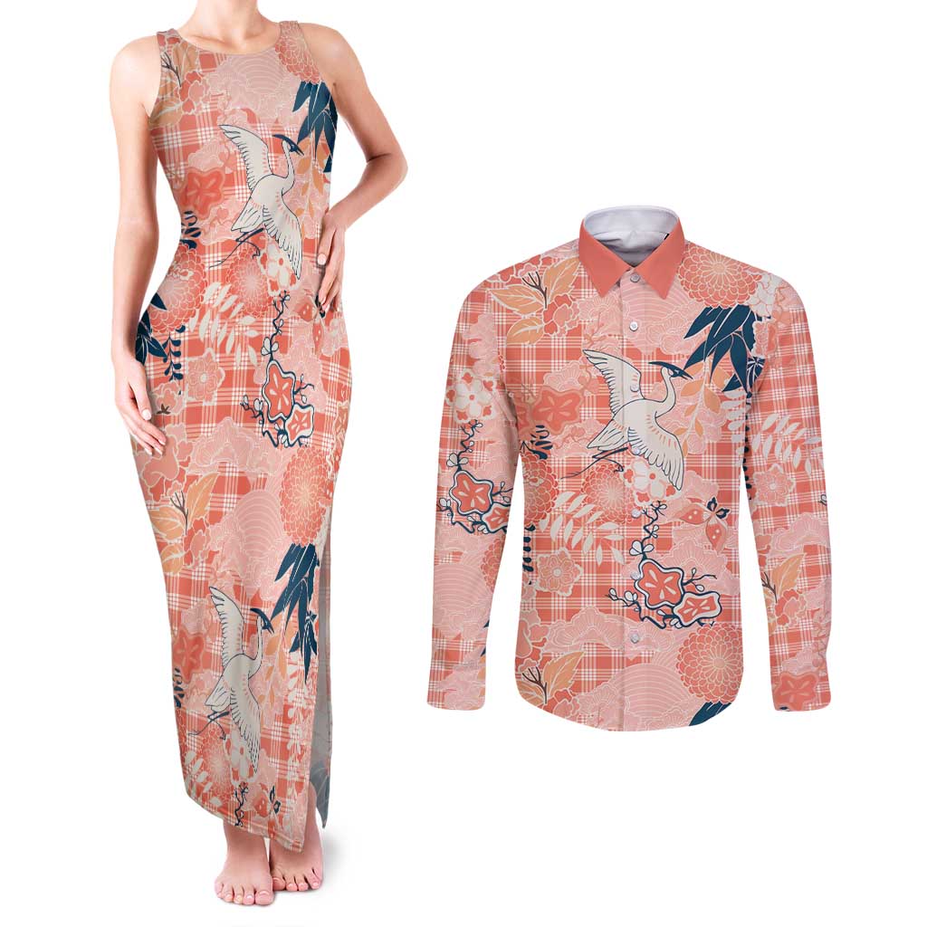 Red Palaka Crane and Flowers Couples Matching Tank Maxi Dress and Long Sleeve Button Shirt Japan Heritage Spirit LT9 Red - Polynesian Pride
