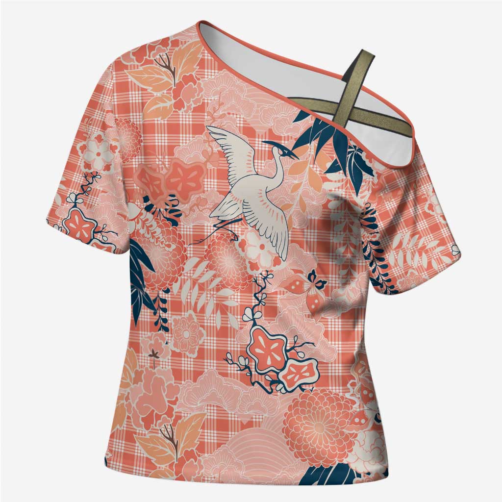 Red Palaka Crane and Flowers Cross Shoulder Shirt Japan Heritage Spirit LT9 Female Red - Polynesian Pride