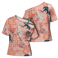 Red Palaka Crane and Flowers Cross Shoulder Shirt Japan Heritage Spirit LT9 - Polynesian Pride