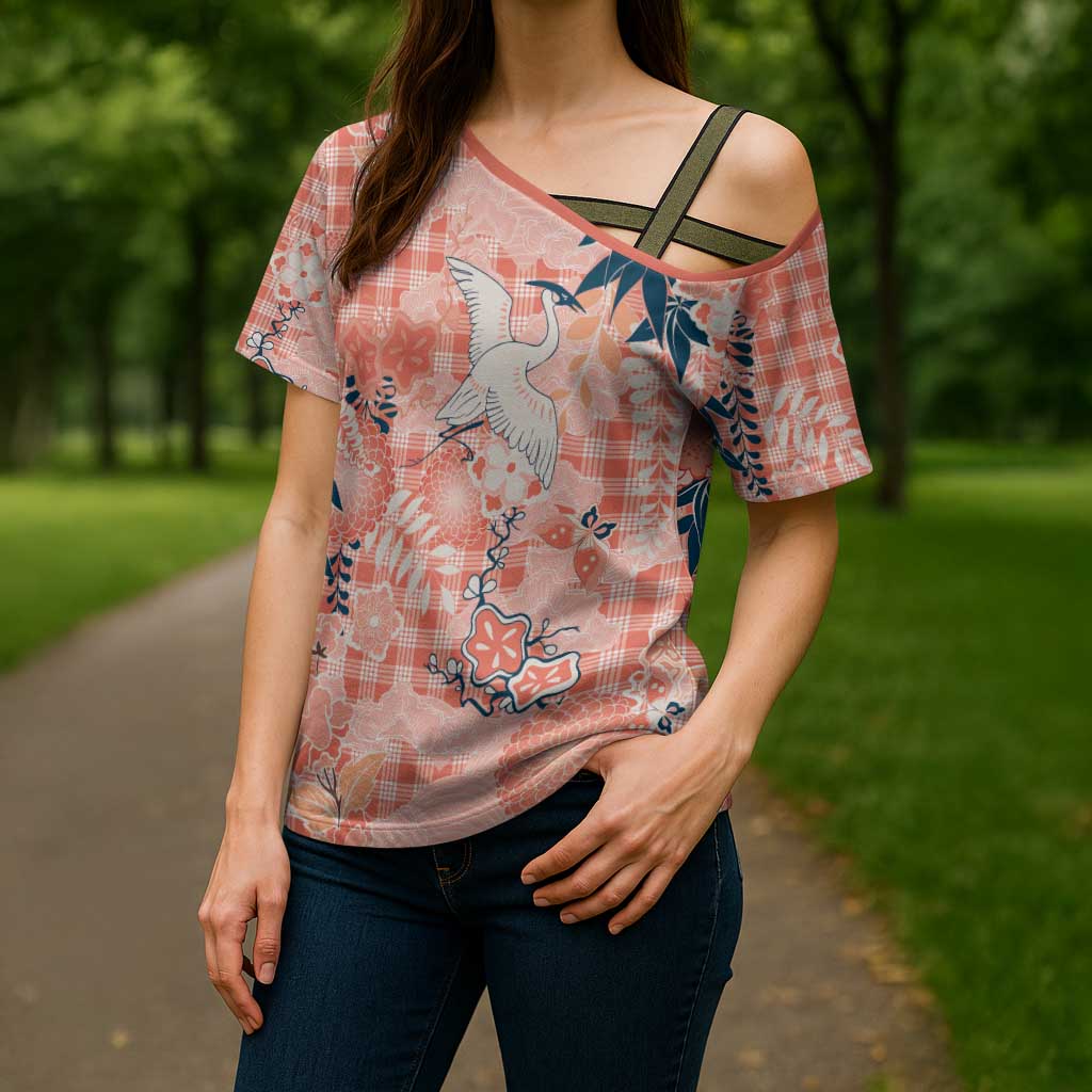 Red Palaka Crane and Flowers Cross Shoulder Shirt Japan Heritage Spirit LT9 - Polynesian Pride