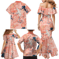 Red Palaka Crane and Flowers Family Matching Mermaid Dress and Hawaiian Shirt Japan Heritage Spirit - Polynesian Pride