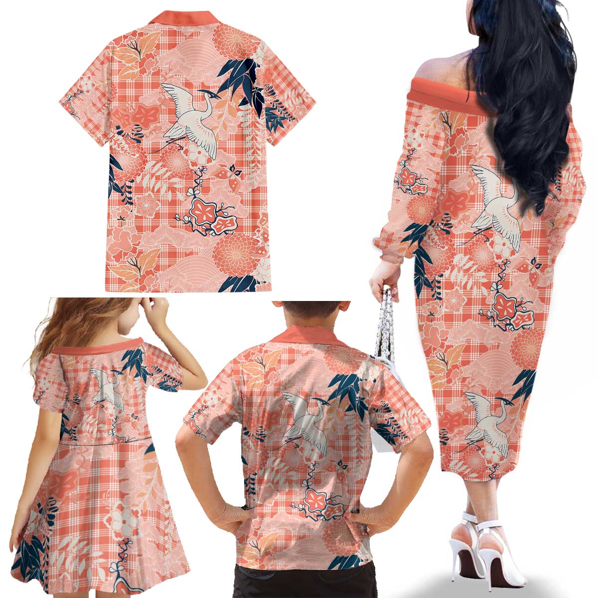 Red Palaka Crane and Flowers Family Matching Off The Shoulder Long Sleeve Dress and Hawaiian Shirt Japan Heritage Spirit - Polynesian Pride