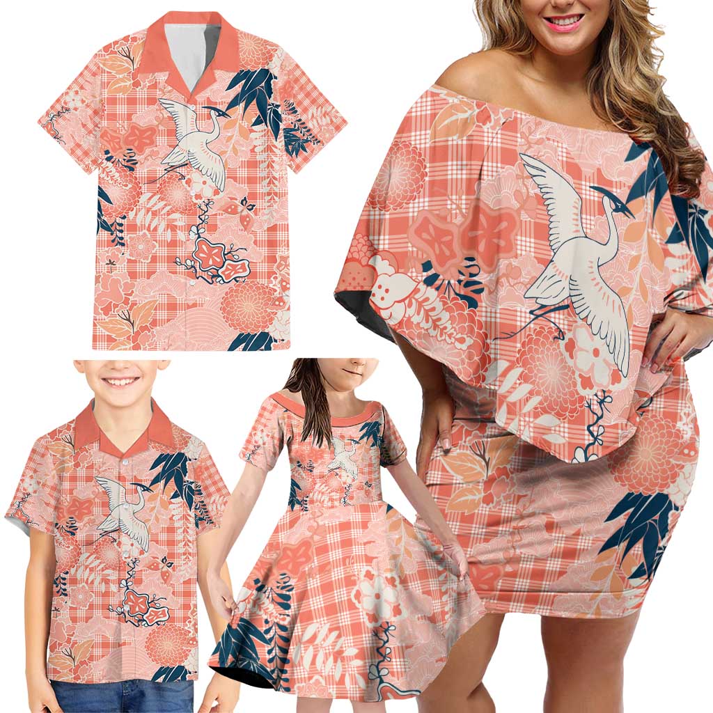 Red Palaka Crane and Flowers Family Matching Off Shoulder Short Dress and Hawaiian Shirt Japan Heritage Spirit - Polynesian Pride