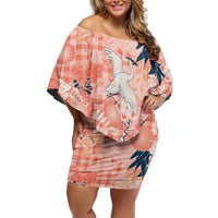 Red Palaka Crane and Flowers Family Matching Off Shoulder Short Dress and Hawaiian Shirt Japan Heritage Spirit - Polynesian Pride