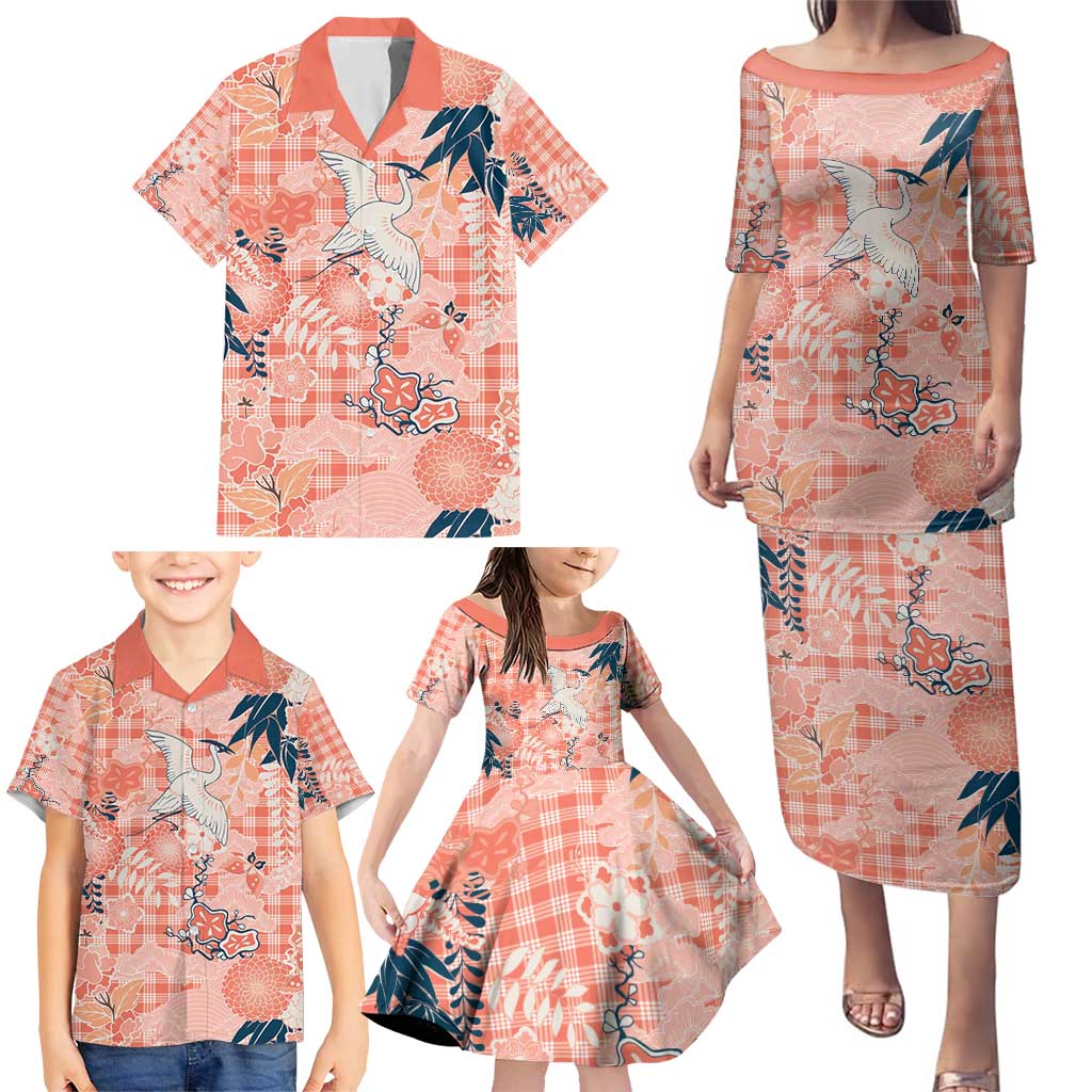 Red Palaka Crane and Flowers Family Matching Puletasi and Hawaiian Shirt Japan Heritage Spirit - Polynesian Pride