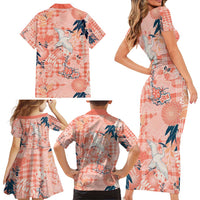 Red Palaka Crane and Flowers Family Matching Short Sleeve Bodycon Dress and Hawaiian Shirt Japan Heritage Spirit - Polynesian Pride