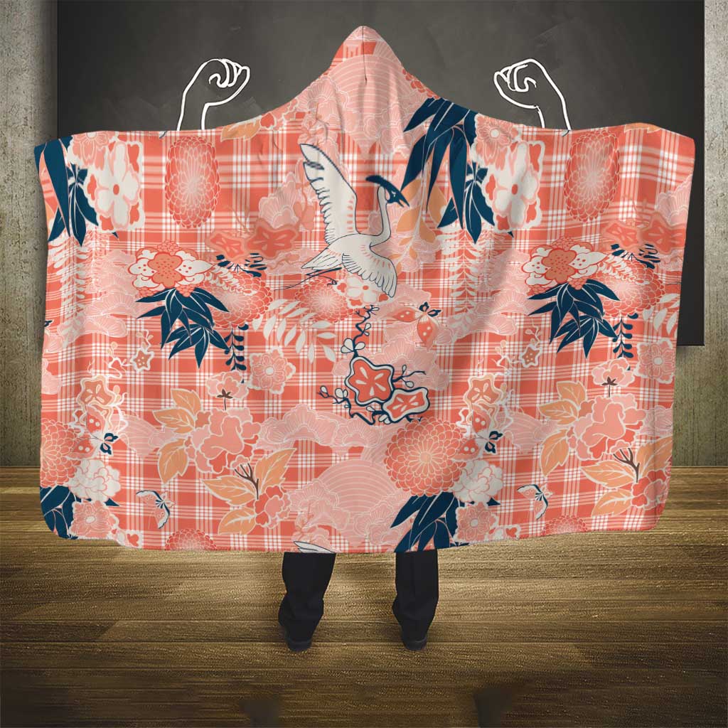 Red Palaka Crane and Flowers Hooded Blanket Japan Heritage Spirit - Polynesian Pride