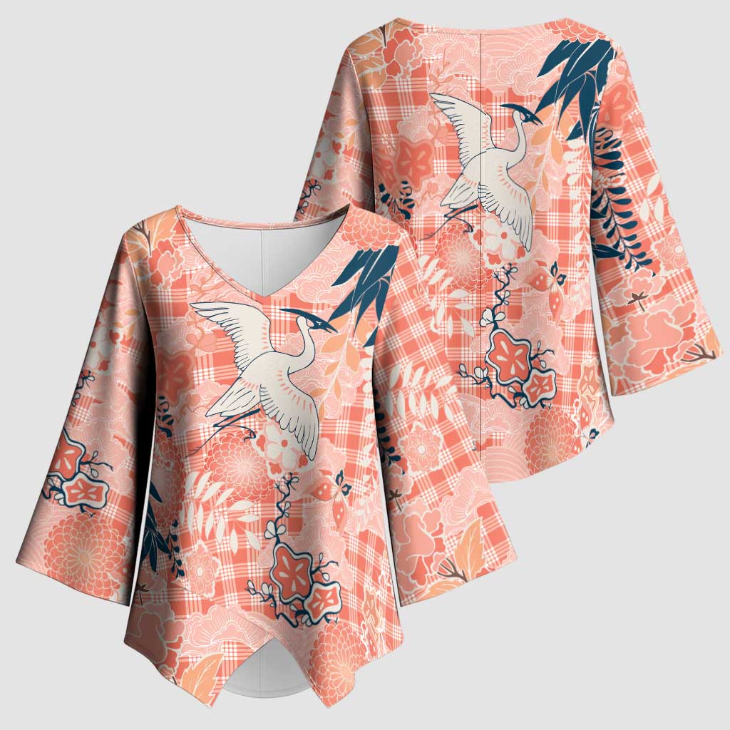 Red Palaka Crane and Flowers Kimono Sleeve Blouse Japan Heritage Spirit LT9 - Polynesian Pride