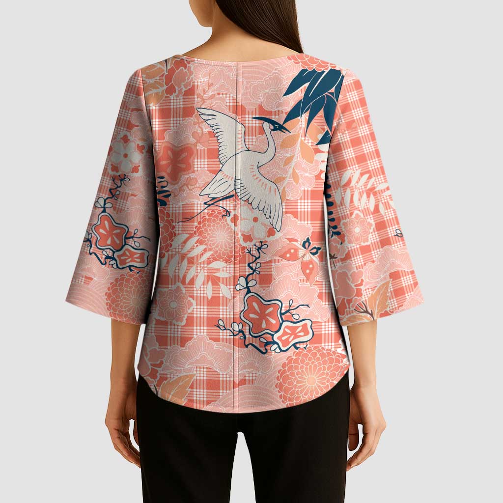 Red Palaka Crane and Flowers Kimono Sleeve Blouse Japan Heritage Spirit LT9 - Polynesian Pride