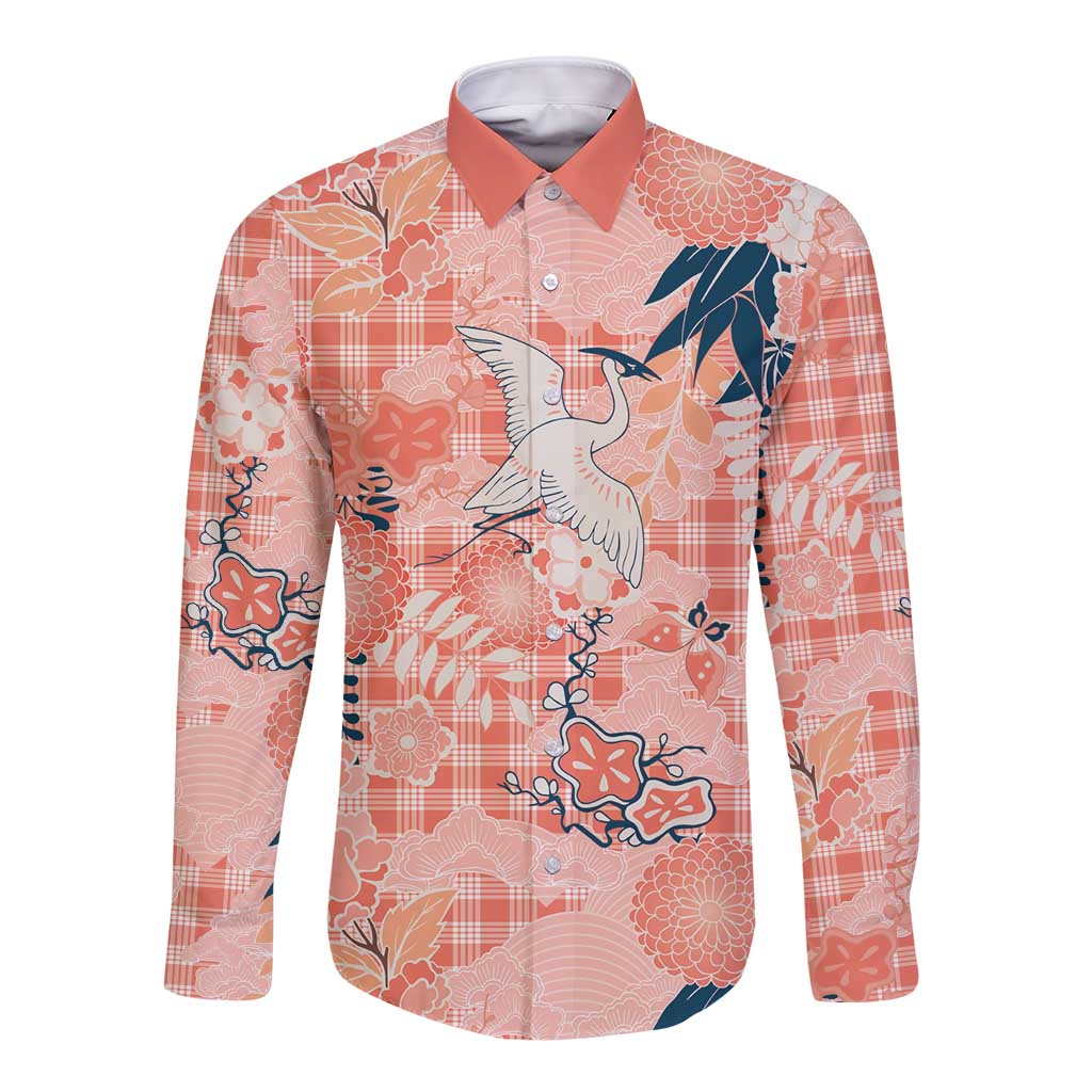 Red Palaka Crane and Flowers Long Sleeve Button Shirt Japan Heritage Spirit LT9 Unisex Red - Polynesian Pride