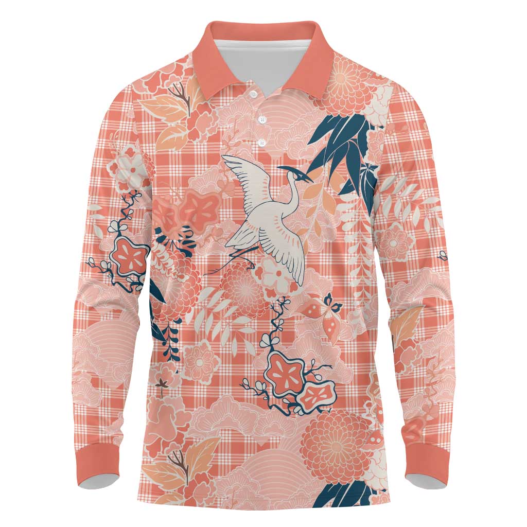 Red Palaka Crane and Flowers Long Sleeve Polo Shirt Japan Heritage Spirit - Polynesian Pride