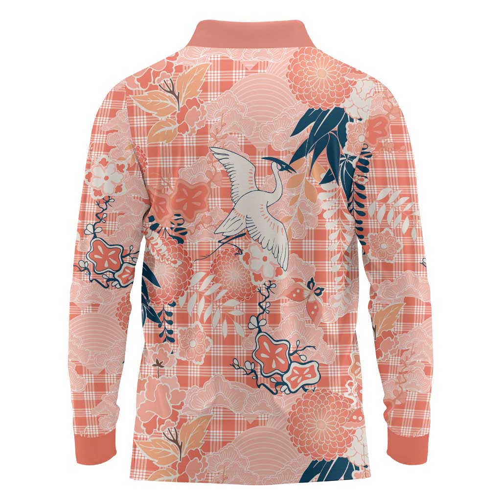 Red Palaka Crane and Flowers Long Sleeve Polo Shirt Japan Heritage Spirit - Polynesian Pride