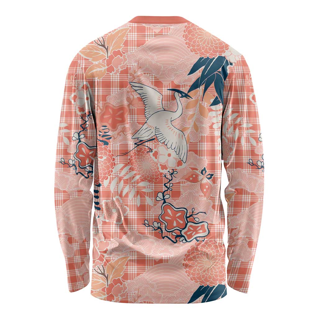 Red Palaka Crane and Flowers Long Sleeve Shirt Japan Heritage Spirit LT9 - Polynesian Pride