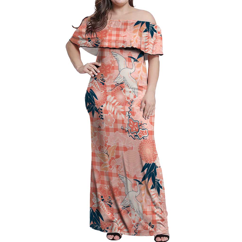 Red Palaka Crane and Flowers Off Shoulder Maxi Dress Japan Heritage Spirit - Polynesian Pride