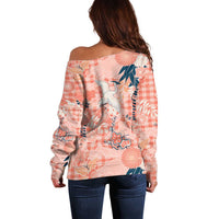 Red Palaka Crane and Flowers Off Shoulder Sweater Japan Heritage Spirit - Polynesian Pride