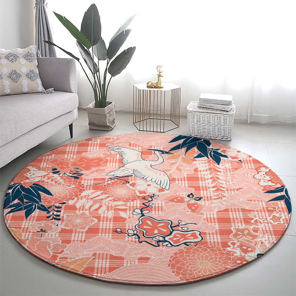 Red Palaka Crane and Flowers Round Carpet Japan Heritage Spirit - Polynesian Pride