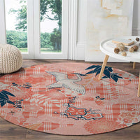 Red Palaka Crane and Flowers Round Carpet Japan Heritage Spirit - Polynesian Pride