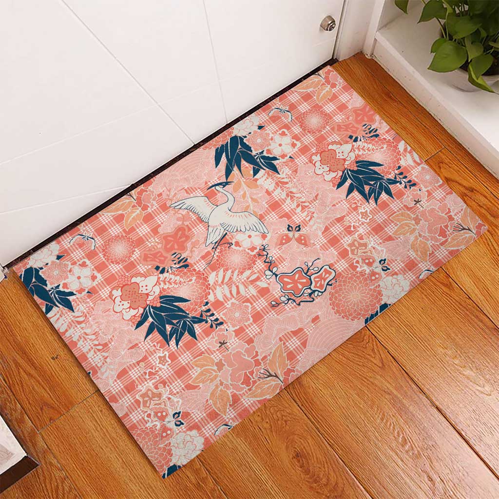 Red Palaka Crane and Flowers Rubber Doormat Japan Heritage Spirit LT9 - Polynesian Pride