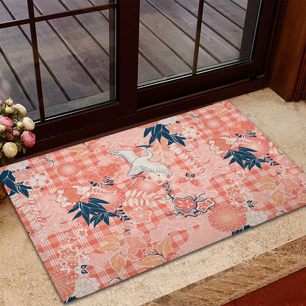 Red Palaka Crane and Flowers Rubber Doormat Japan Heritage Spirit LT9 - Polynesian Pride