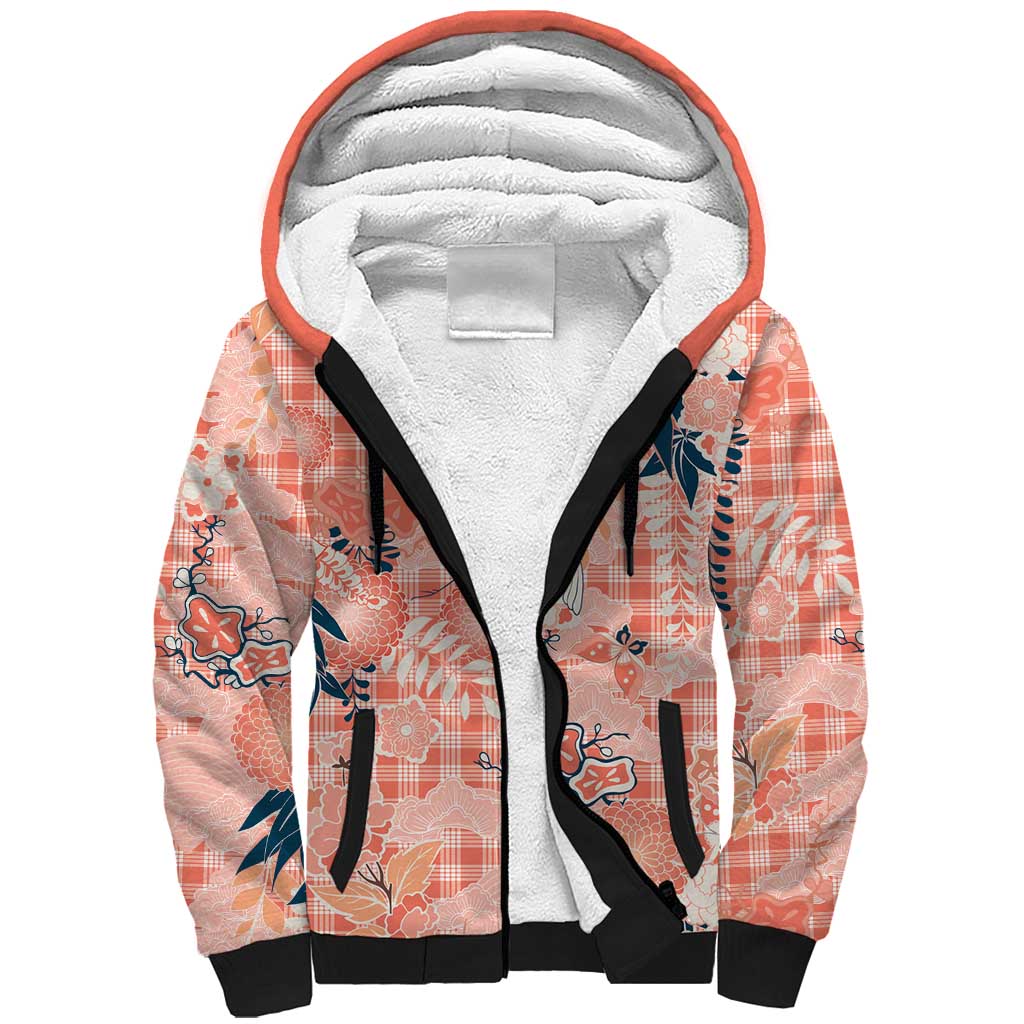Red Palaka Crane and Flowers Sherpa Hoodie Japan Heritage Spirit - Polynesian Pride