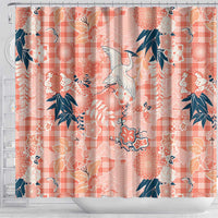 Red Palaka Crane and Flowers Shower Curtain Japan Heritage Spirit - Polynesian Pride