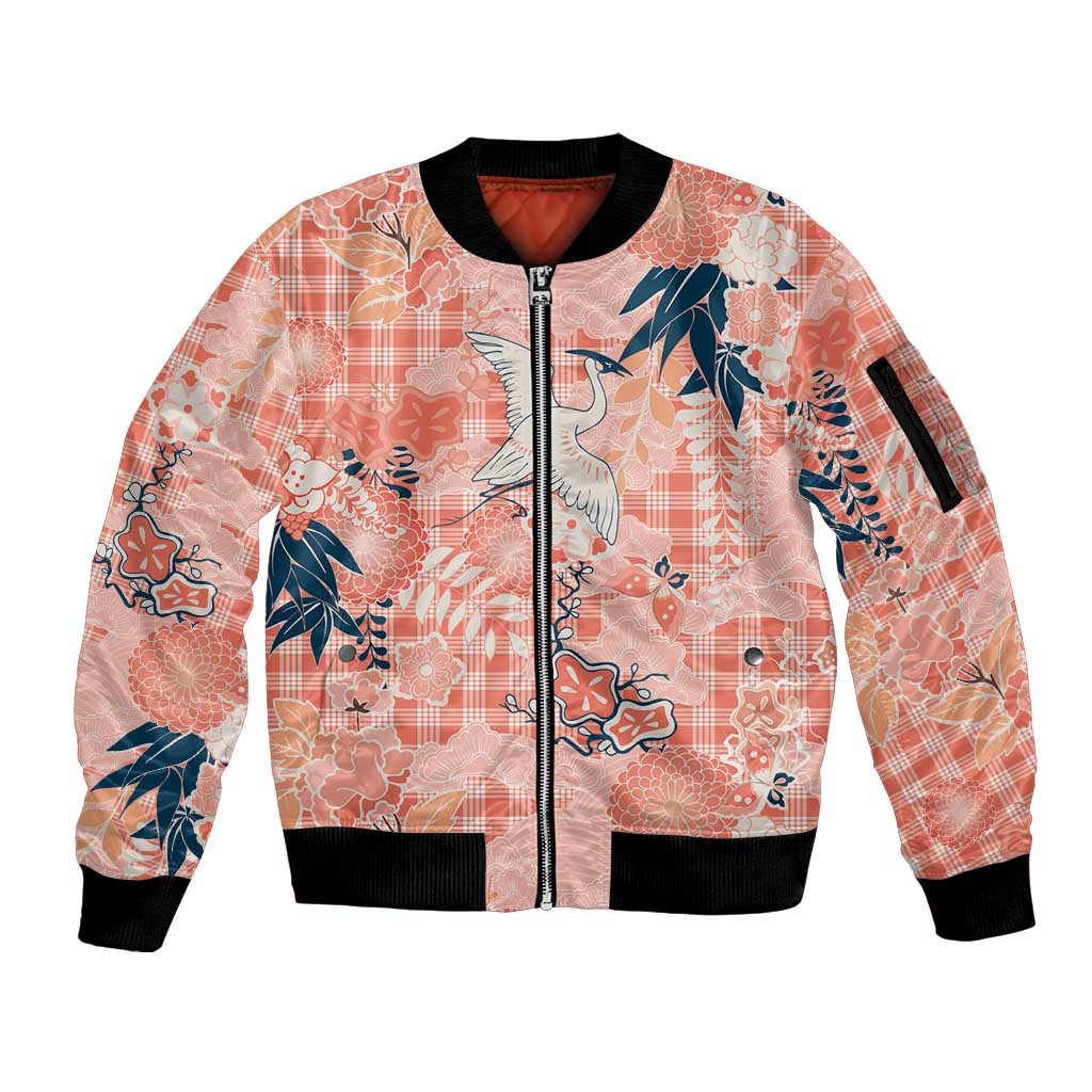 Red Palaka Crane and Flowers Sleeve Zip Bomber Jacket Japan Heritage Spirit - Polynesian Pride