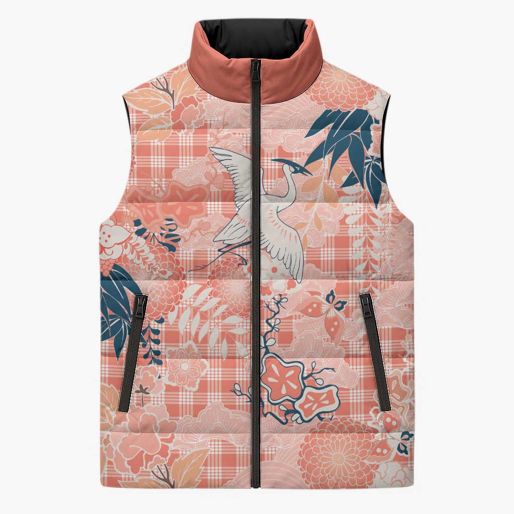 Red Palaka Crane and Flowers Sleeveless Puffer Jacket Japan Heritage Spirit LT9 Unisex Red - Polynesian Pride