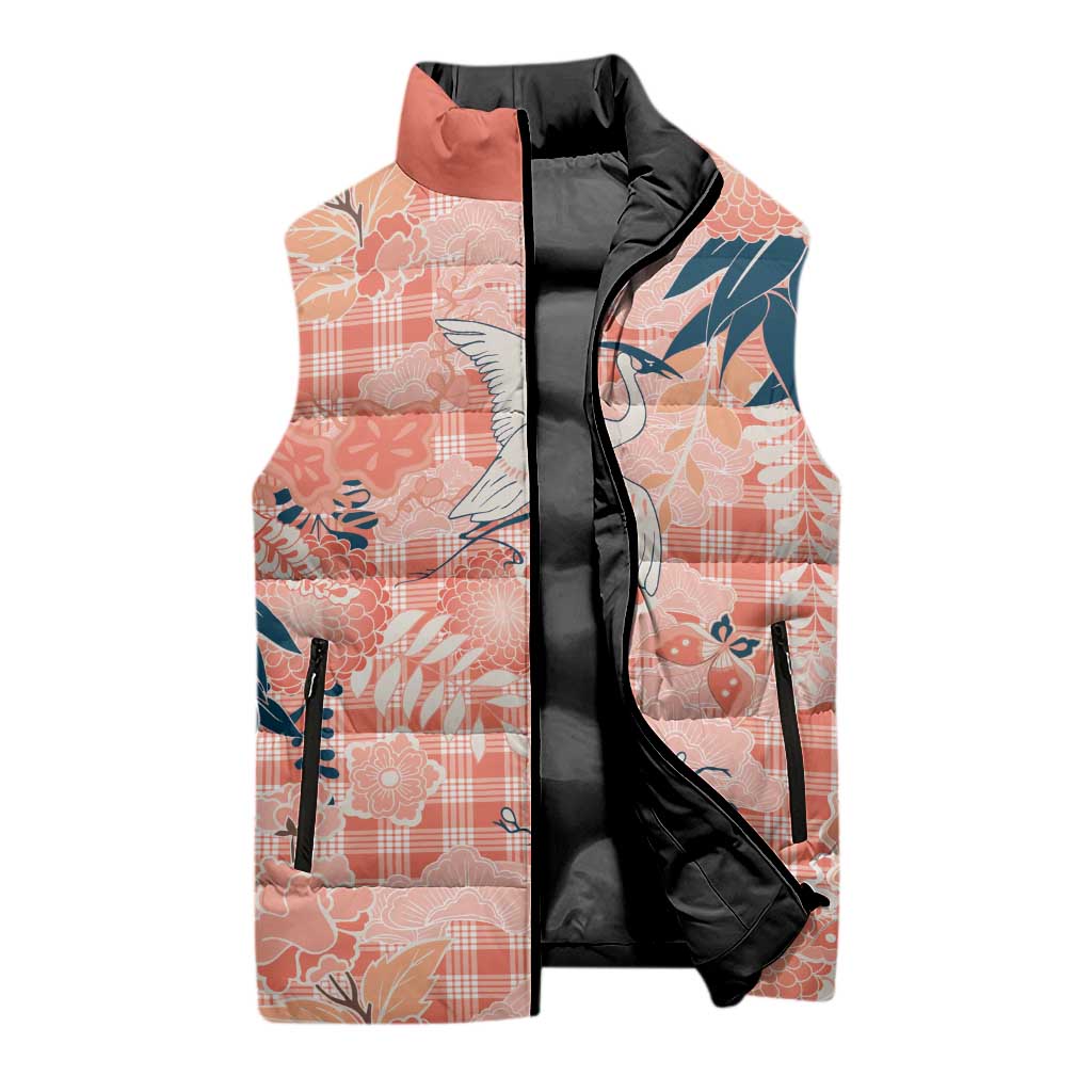 Red Palaka Crane and Flowers Sleeveless Puffer Jacket Japan Heritage Spirit LT9 - Polynesian Pride