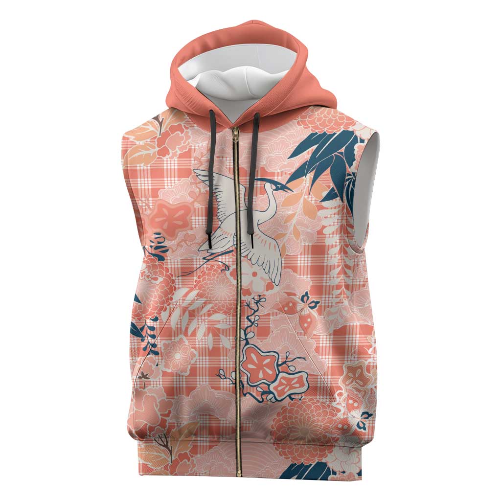 Red Palaka Crane and Flowers Sleeveless Zip Hoodie Japan Heritage Spirit - Polynesian Pride