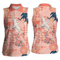Red Palaka Crane and Flowers Women Sleeveless Polo Shirt Japan Heritage Spirit - Polynesian Pride