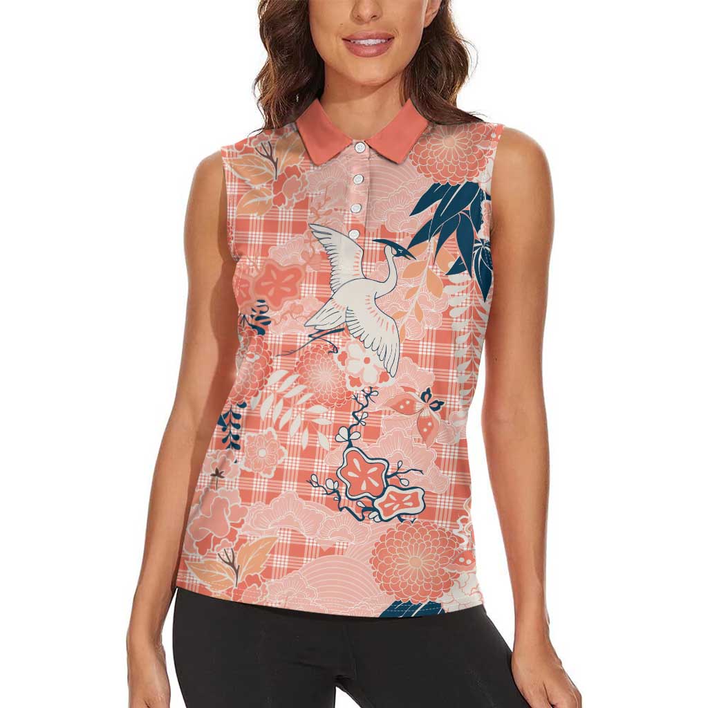 Red Palaka Crane and Flowers Women Sleeveless Polo Shirt Japan Heritage Spirit - Polynesian Pride
