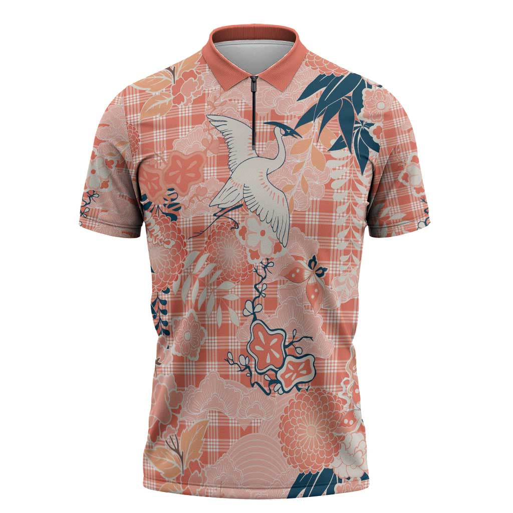 Red Palaka Crane and Flowers Zipper Polo Shirt Japan Heritage Spirit LT9 Red - Polynesian Pride
