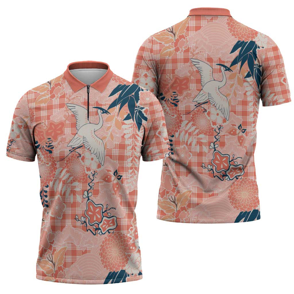 Red Palaka Crane and Flowers Zipper Polo Shirt Japan Heritage Spirit LT9 - Polynesian Pride