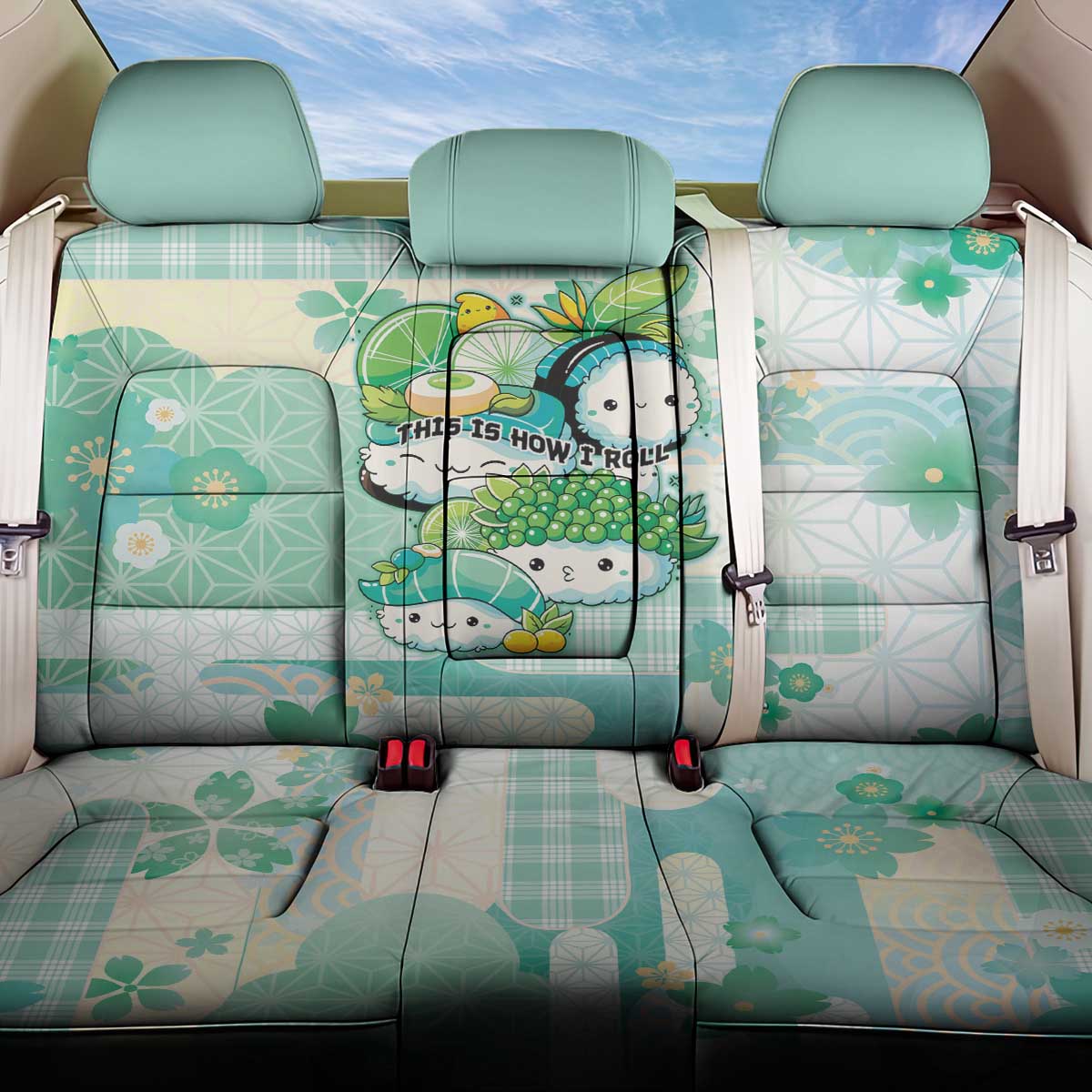 Japanese Kawaii Sushi Back Car Seat Cover Green Wagara Palaka This Is How I Roll LT9 One Size Green - Polynesian Pride