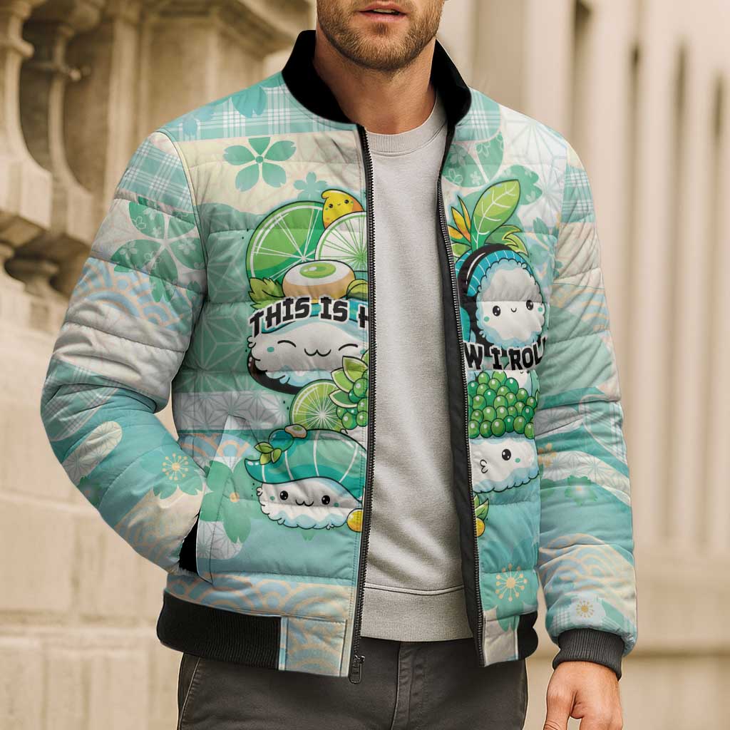 Personalized Japanese Kawaii Sushi Bomber Puffer Jacket Green Wagara Palaka This Is How I Roll LT9 - Polynesian Pride