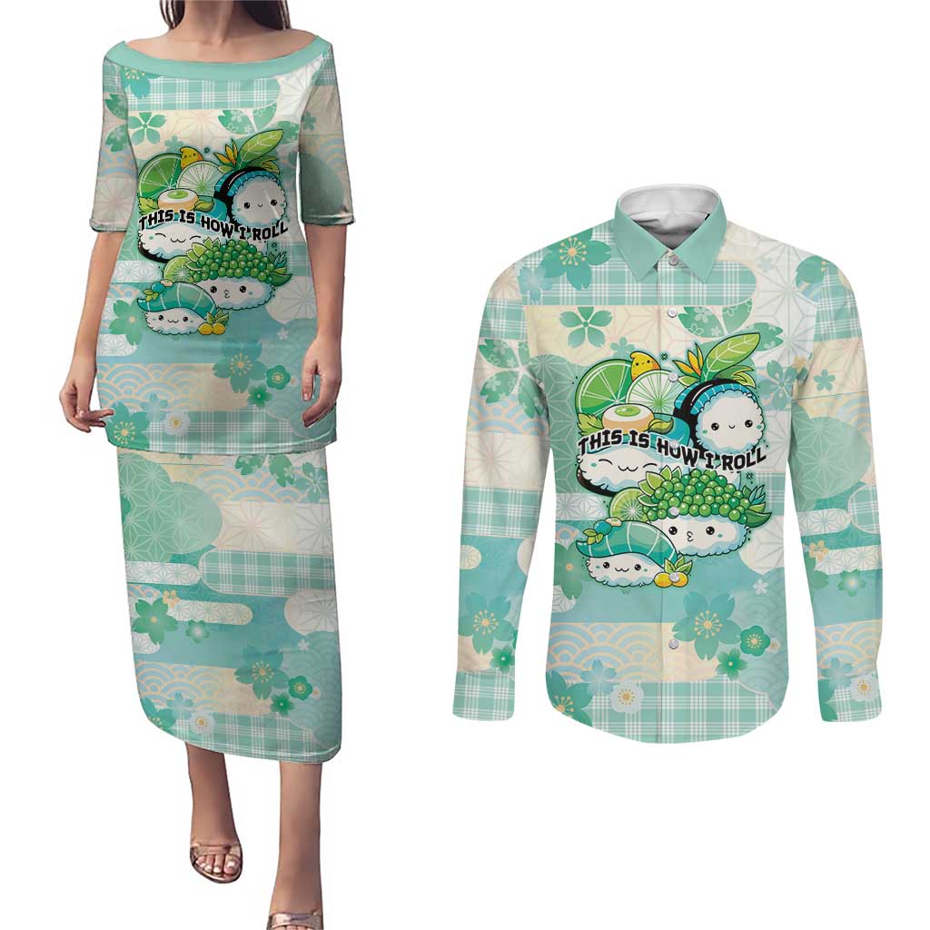 Personalized Japanese Kawaii Sushi Couples Matching Puletasi and Long Sleeve Button Shirt Green Wagara Palaka This Is How I Roll LT9 Green - Polynesian Pride