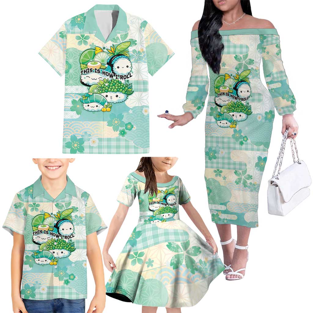 Personalized Japanese Kawaii Sushi Family Matching Off The Shoulder Long Sleeve Dress and Hawaiian Shirt Green Wagara Palaka This Is How I Roll LT9 - Polynesian Pride
