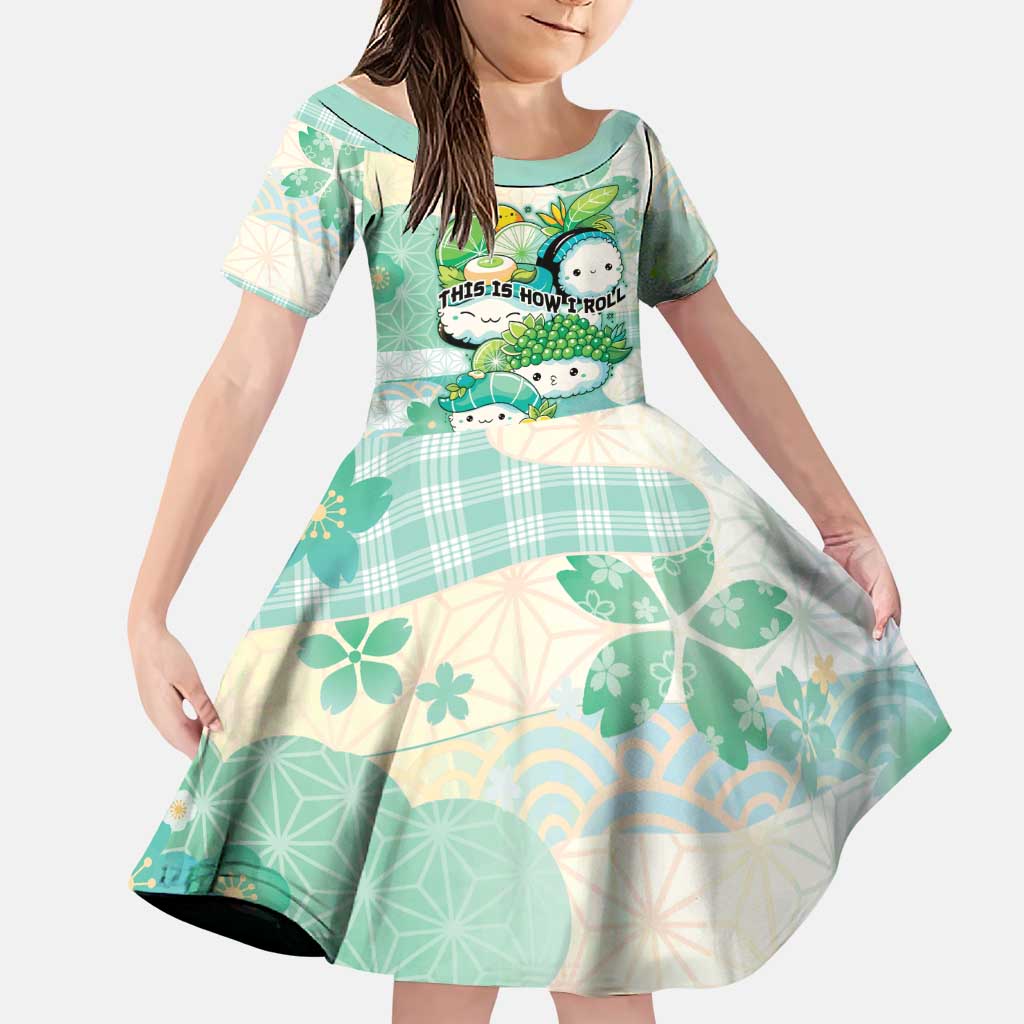 Personalized Japanese Kawaii Sushi Family Matching Off Shoulder Short Dress and Hawaiian Shirt Green Wagara Palaka This Is How I Roll