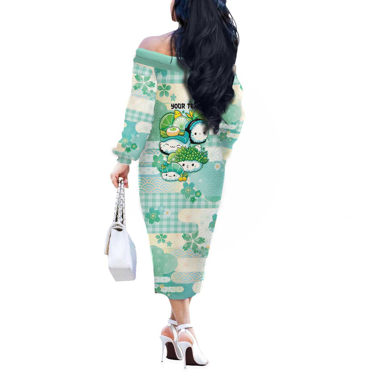 Personalized Japanese Kawaii Sushi Off The Shoulder Long Sleeve Dress Green Wagara Palaka This Is How I Roll LT9 - Polynesian Pride