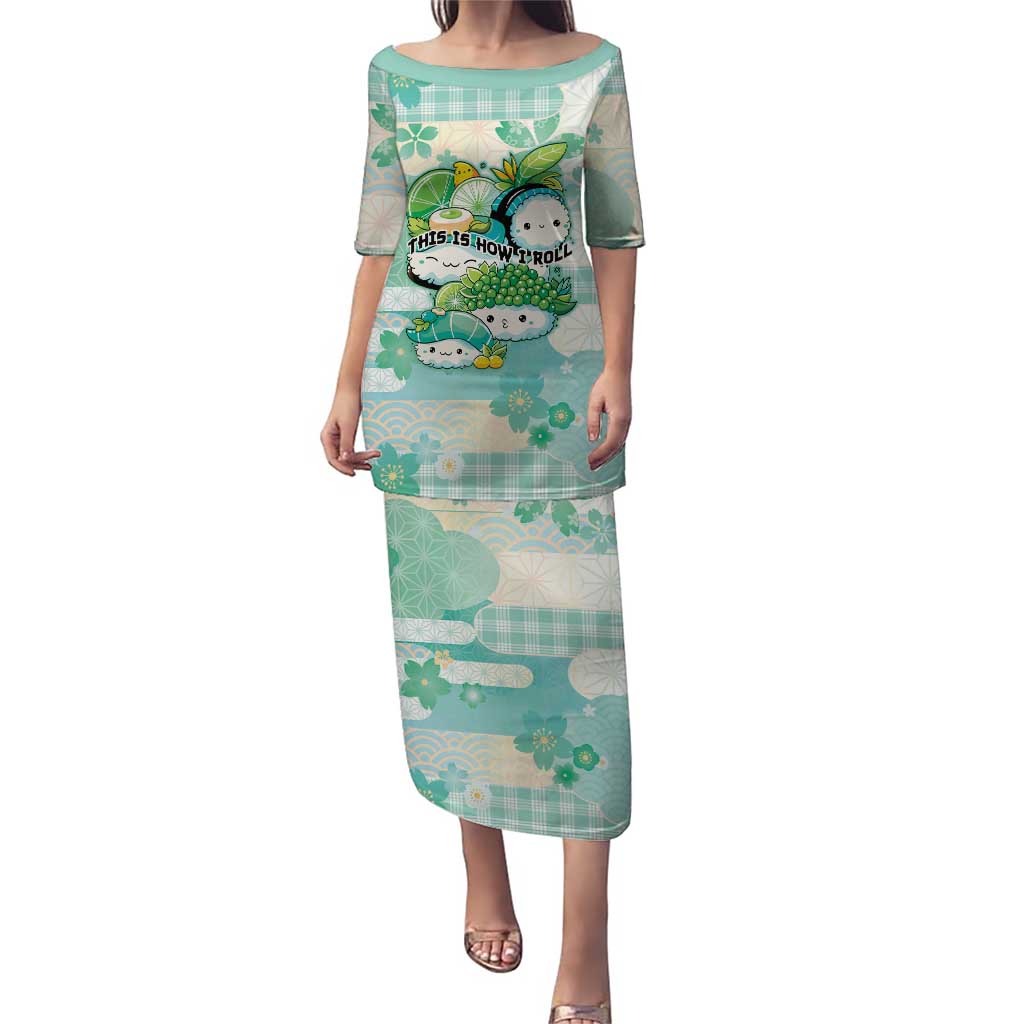 Personalized Japanese Kawaii Sushi Puletasi Green Wagara Palaka This Is How I Roll LT9 Long Dress Green - Polynesian Pride
