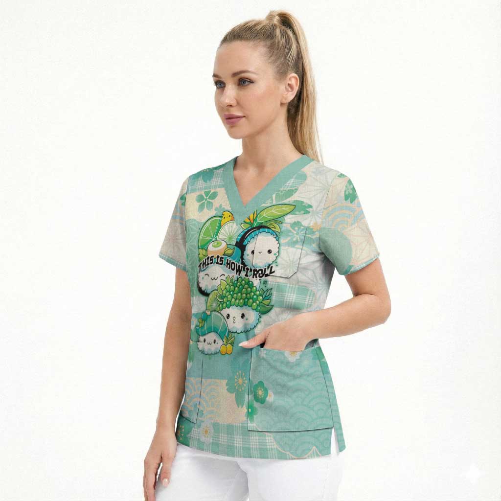 Personalized Japanese Kawaii Sushi Scrub Top Green Wagara Palaka This Is How I Roll LT9 - Polynesian Pride