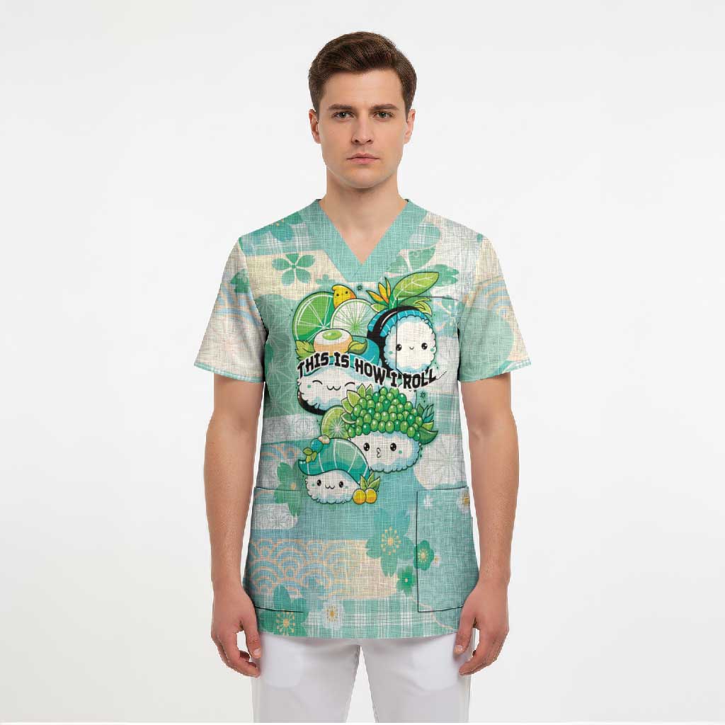 Personalized Japanese Kawaii Sushi Scrub Top Green Wagara Palaka This Is How I Roll LT9 - Polynesian Pride